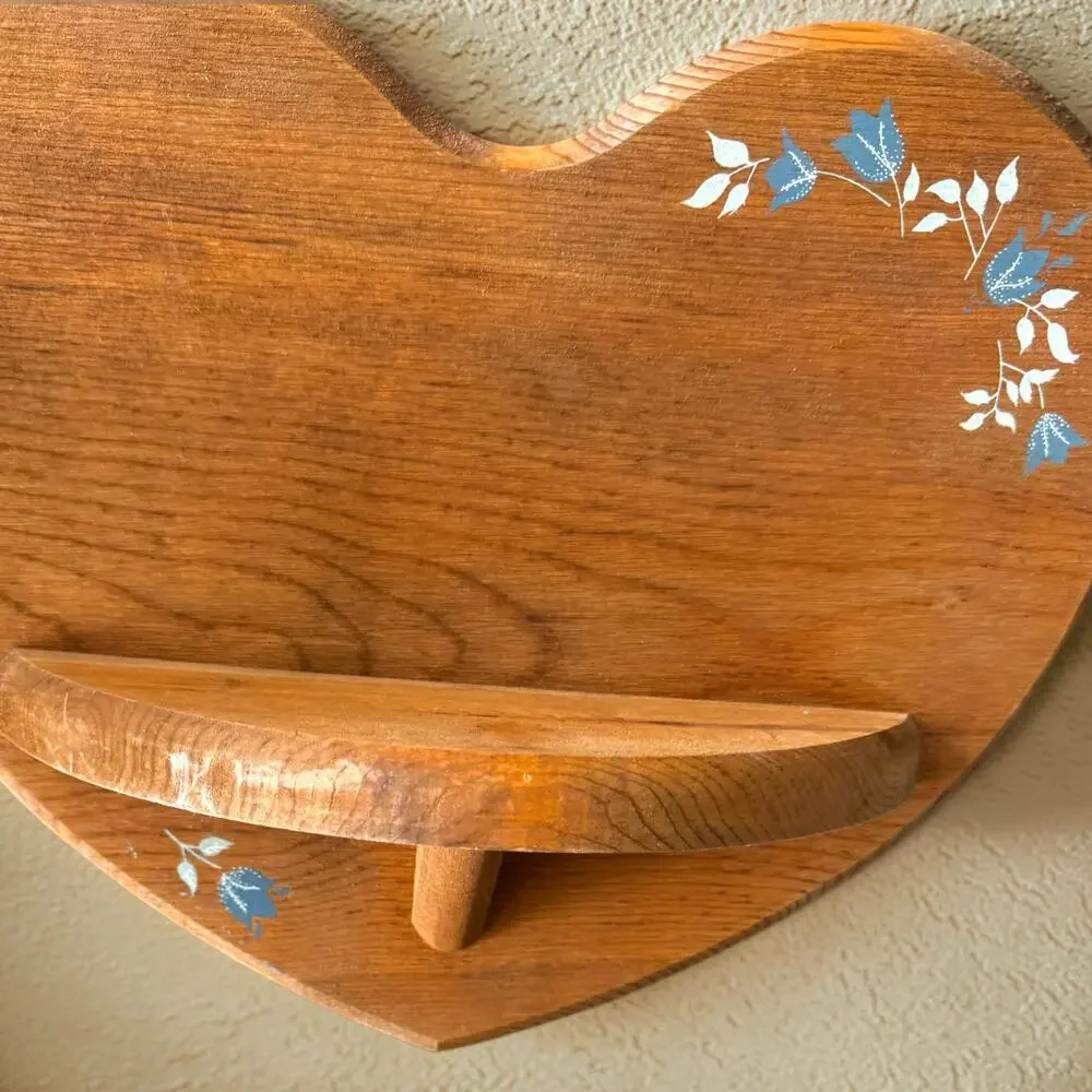 Vintage Wood Heart Wall Shelf Blue Tulip Stencil 1980s Country Cottage Folk Art
